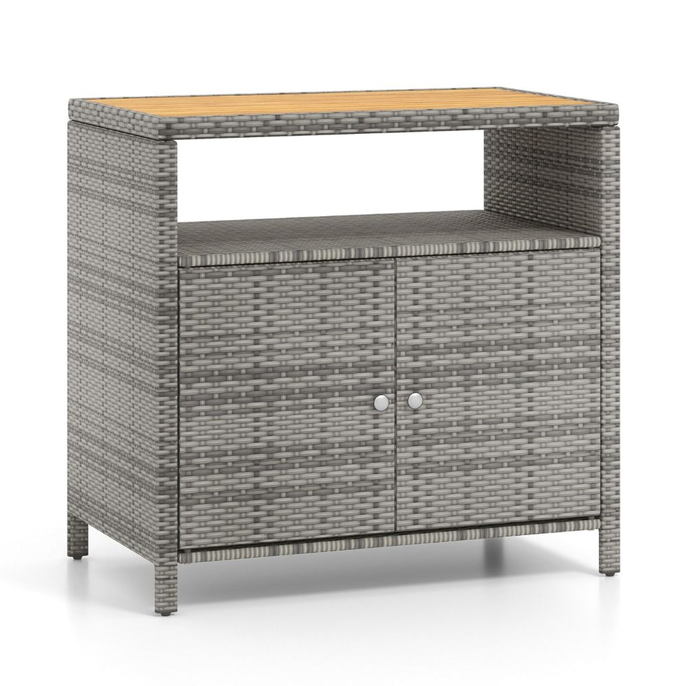 Armoire de Rangement Exterieur en Rotin Armoire de Jardin avec Plateau en Bois d'Acacia Compartiment Ouvert Buffet  2 Portes -