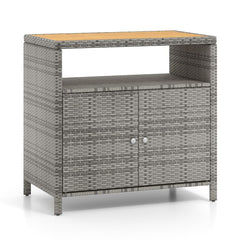 Armoire de Rangement Exterieur en Rotin Armoire de Jardin avec Plateau en Bois d'Acacia Compartiment Ouvert Buffet  2 Portes -