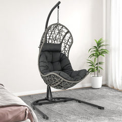 Chaise Oeuf en Rotin PE avec Support avec Oreiller et Coussin Chaise Suspendue avec Accessoires de Suspension Capacité 160 Kg Gris -