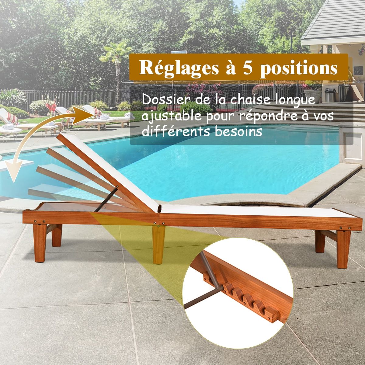 Chaise Longue de Jardin Dossier Inclinable en Bois d'Eucalyptus Tissu Respirant pour Patio Véranda Piscine Charge 180KG -