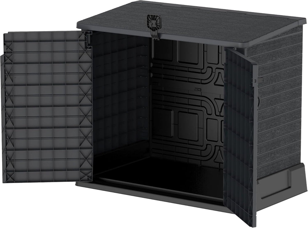 Duramax StoreAway 1200L Plastic Garden Shed/ Flat Lid,Outdoor Storage Shed,Wheelie Bin Hideaways,Wheelie bin box,Durable Construction,Ideal for Bikes,BBQs & 2x 240L Bins,145x85x125 cm,Brown