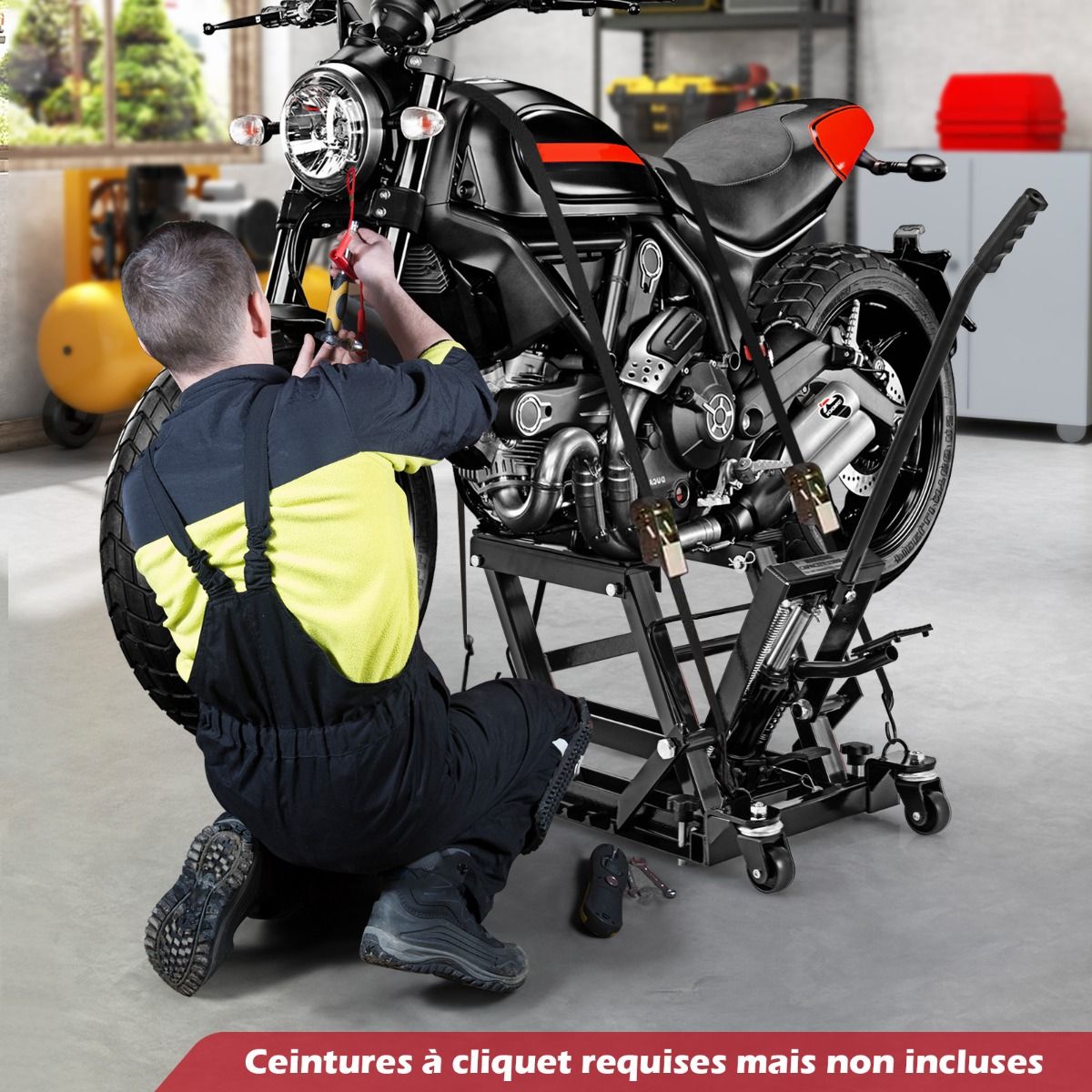 Cric Hydraulique pour Moto Capacité de 680 kg Table Élévatrice Moto Plateforme Réglable en Hauteur sur 3 Niveaux Rouge/Noir -