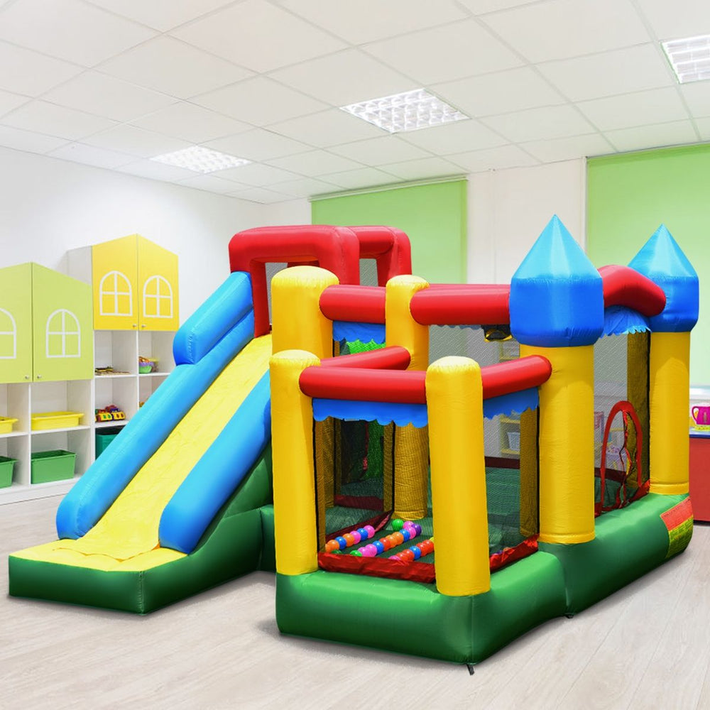 Ch芒teau Gonflable 4 en 1 pour Enfant 3-10 Ans avec Toboggan Aire de Saut Mur d橢scalade Panier de Basketball -