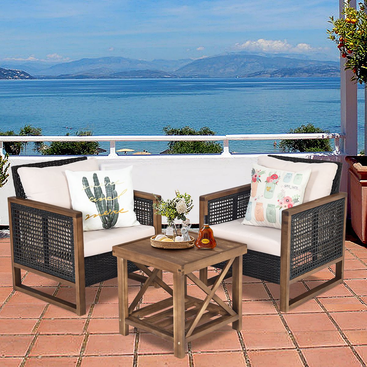 Ensemble Salon de Jardin en Bois d'Acacia Rotin Artisanal Anti-soleil Résistant aux Intempéries pour Porche Balcon Terrasse -