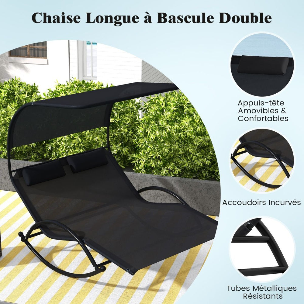 Chaise Longue Double Chaise à Bascule pour 2 Personnes 2 Appui-Têtes Amovibles Cadre en Métal Robuste Lit de Repos Ergonomique 2 Places Gris/Noir/Beige -