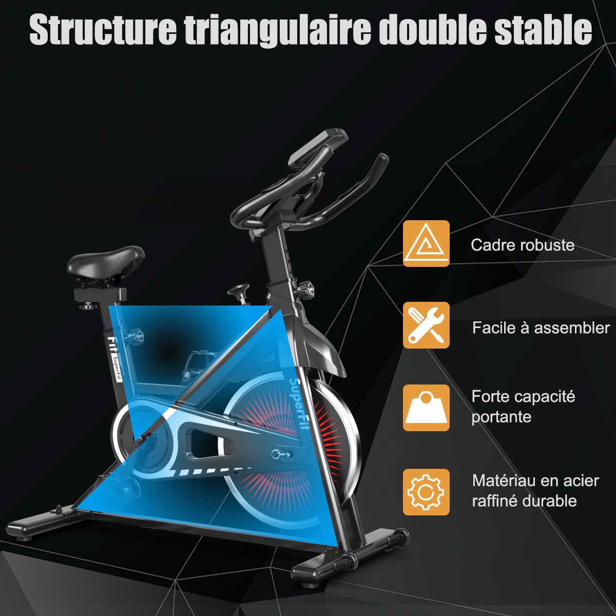 Vélo d’appartement silencieux avec roue et guidon en acier -