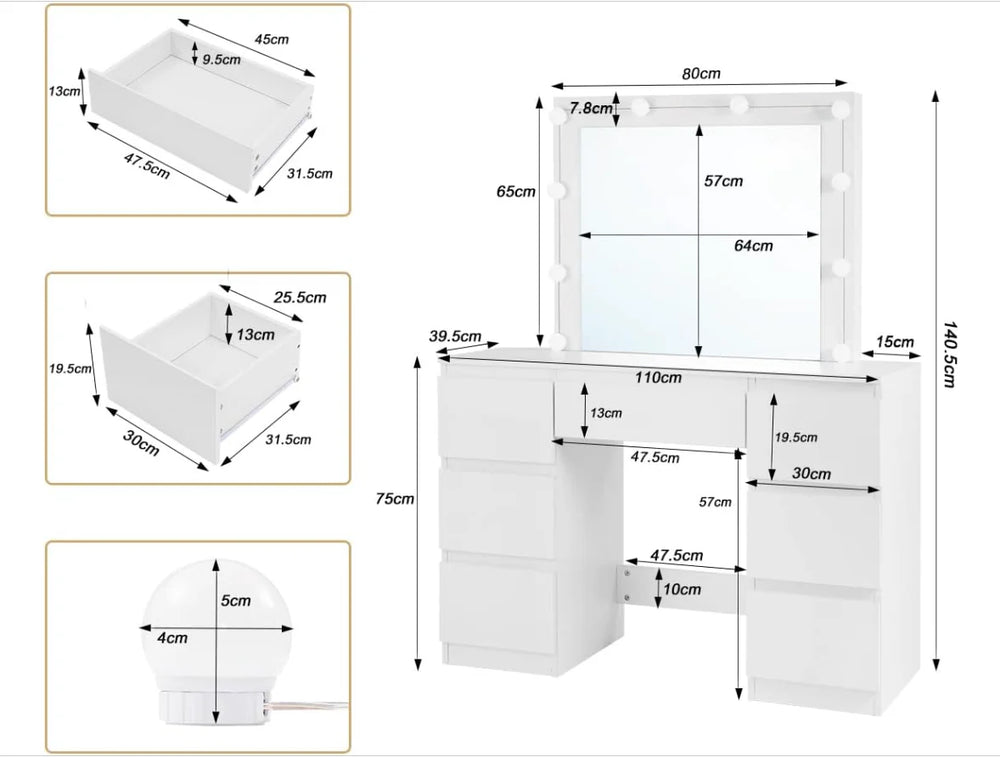 Coiffeuse Blanche avec Miroir LED - 7 Tiroirs -