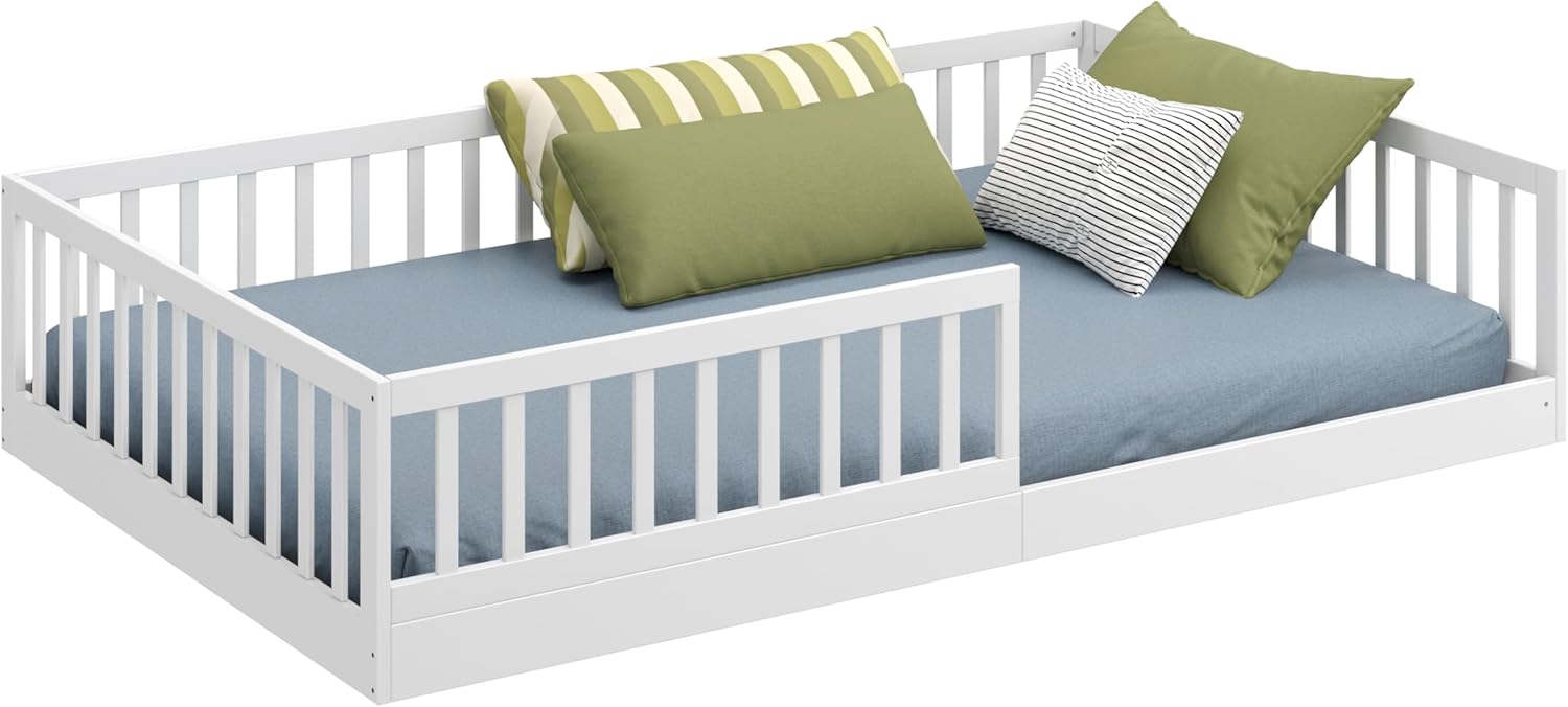 CADANI Timi 2en1 Lit au Sol 120x200 cm Lit Enfant Montessori avec Barrière de Sécurité et Sommier à Lattes, Bois Massif Pin, Blanc, 3 Variantes de Construction, Transformable