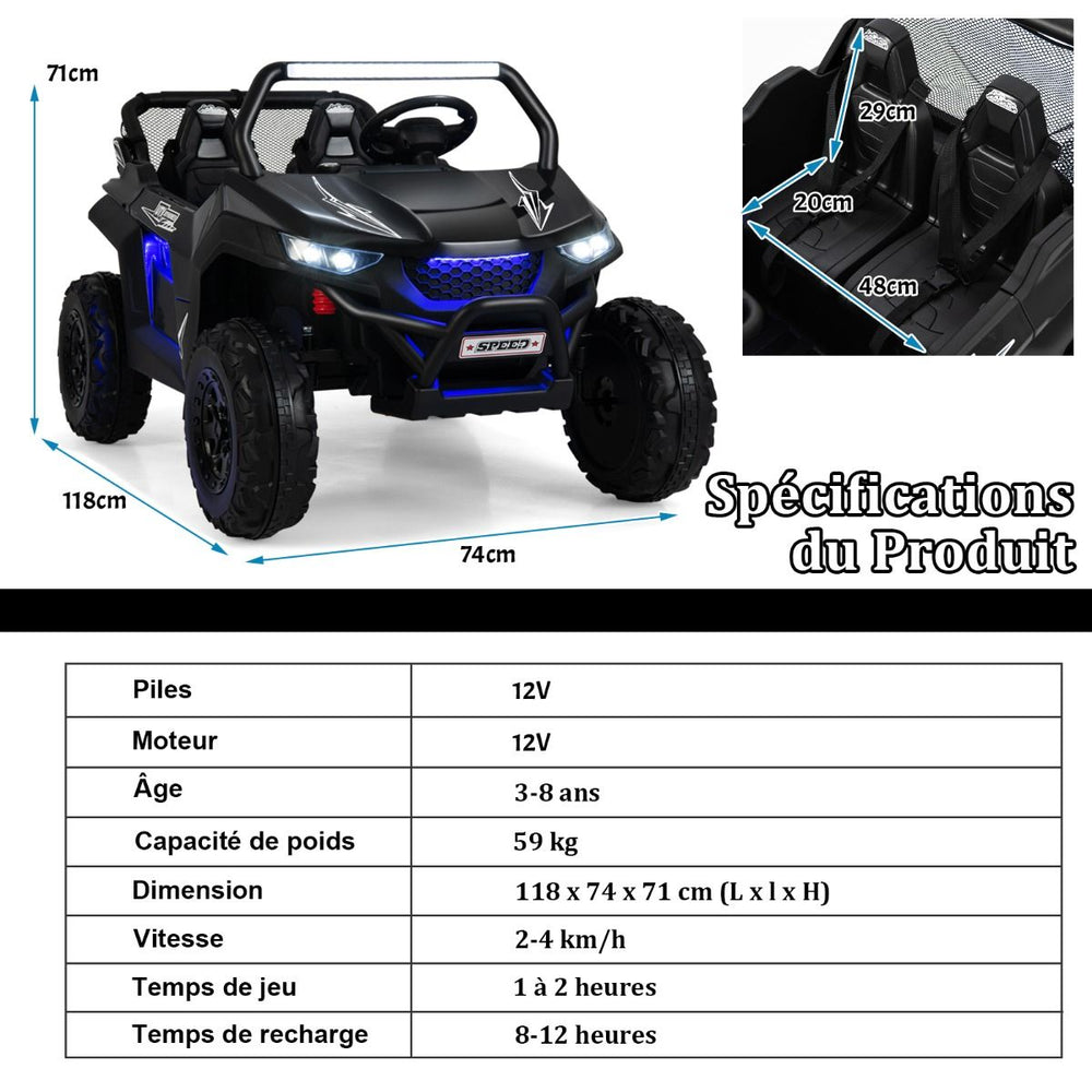 Voiture électrique Enfant 12 V Télécommande pour 3-8 Ans 2 Vitesses Ressort de Suspension Charge 59KG 118x74x71CM Noir/Rose/Rouge -