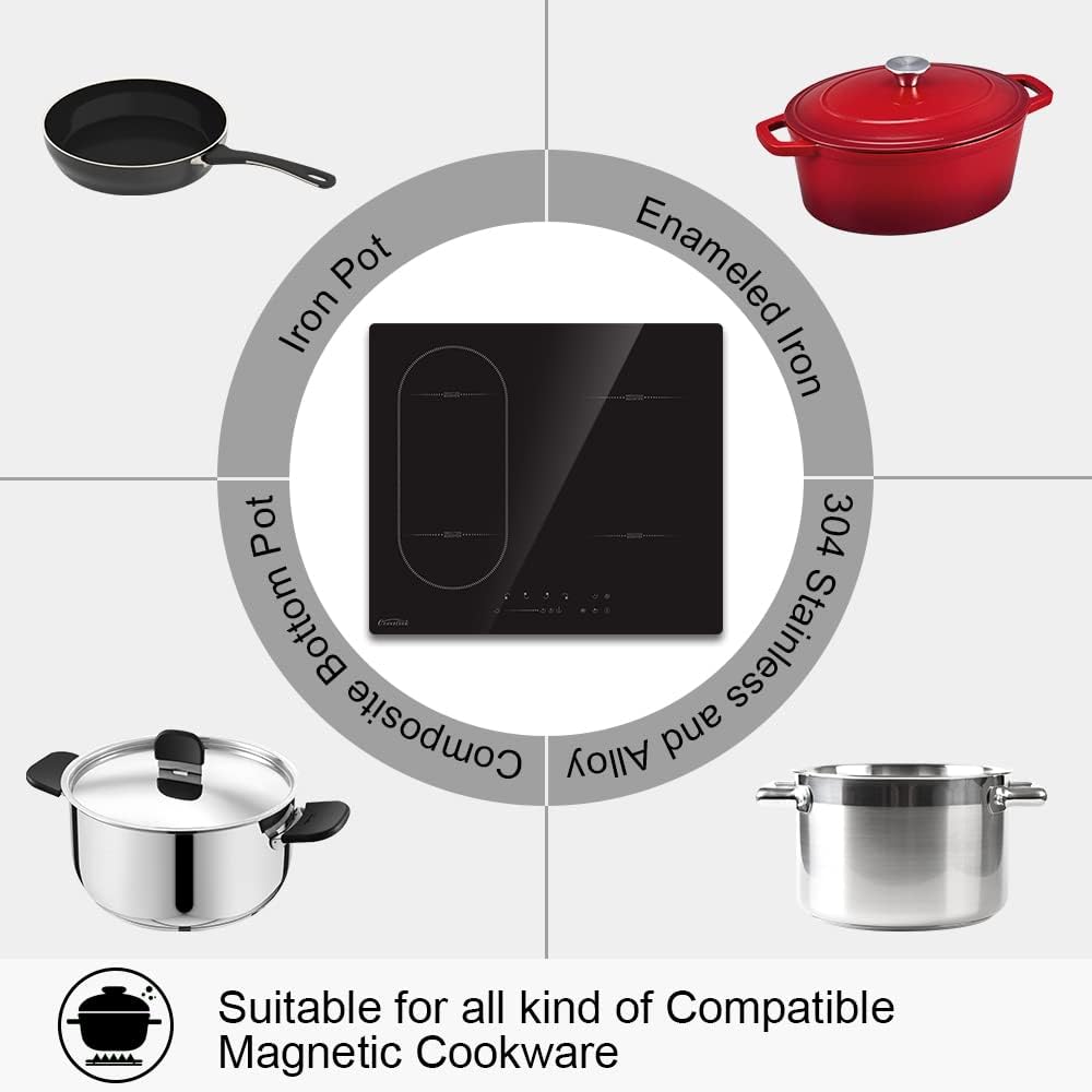 Covercook Plaque à Induction - Plaque de Cuisson à Induction Electrique -Encastrable 3 ou 4 foyers - Flexible Zone - 9 Niveaux de Puissance, Commande Tactile - Verrouillage d'enfant - 7000W, 220-240 V