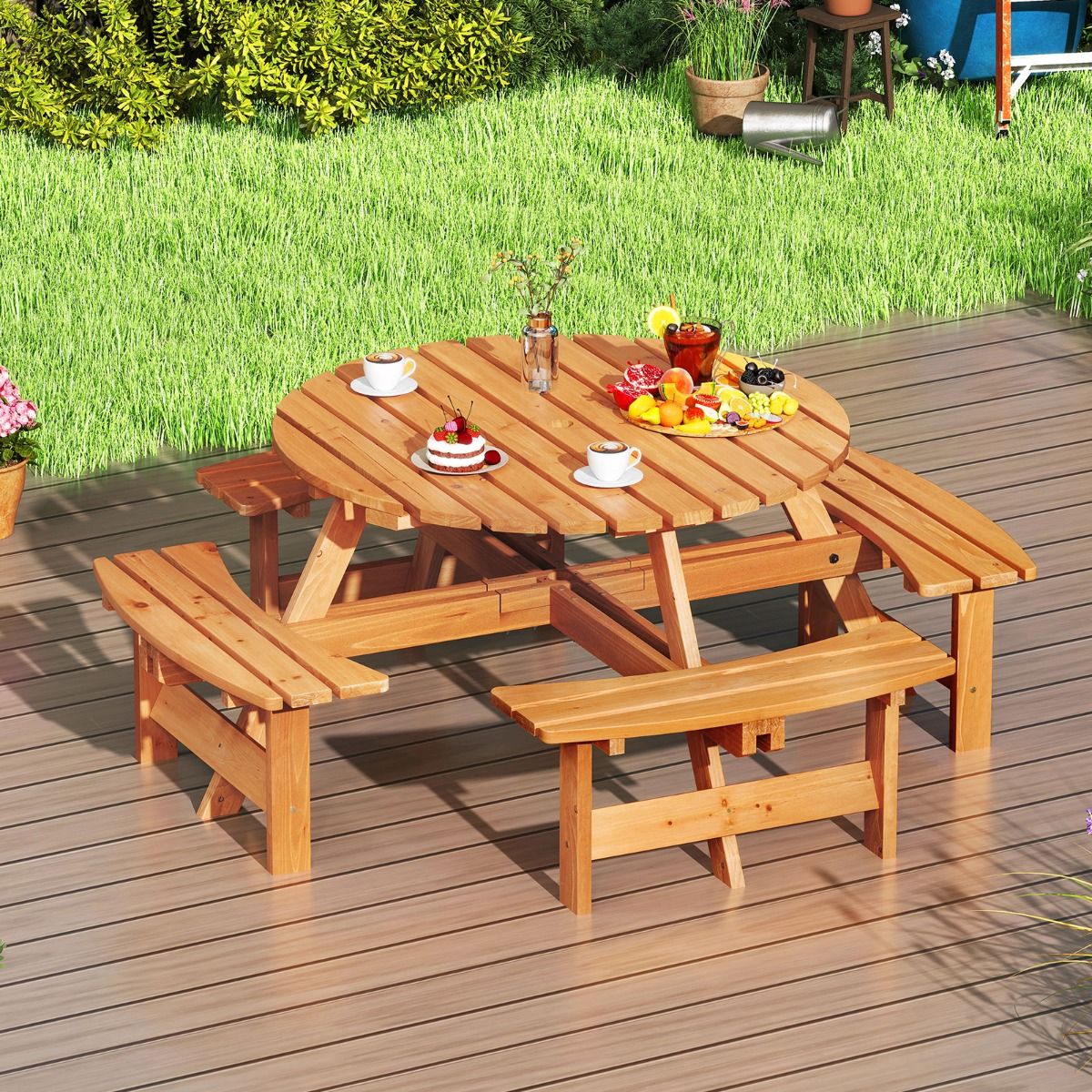 Ensemble Table de Pique-Nique en Bois pour 2 à 8 Personnes Set Table et Banc Circulaire avec 4 Bancs Intégrés Trou de Parasol de 5cm Marron/Jaune -