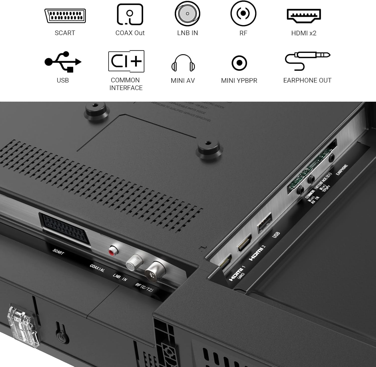 TuTu Téléviseurs 32 Pouces (80 cm) LED Central Pied TV HD Ready Triple Tuner (DVB-C / T2 / S2) HDMI x2 CI+ Lecteur multimédia USB 2.0 Mode hôtel Dolby Audio 2024