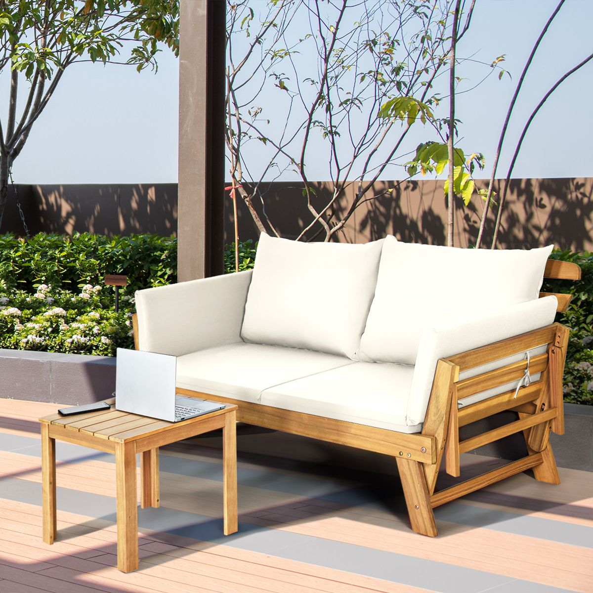 Chaise Longue Convertible avec Coussin Canapé de Jardin 2 en 1 en Bois d’Acacia avec Accoudoir Réglable pour Patio Piscine Jardin Blanc/Gris/Bleu/Rouge -