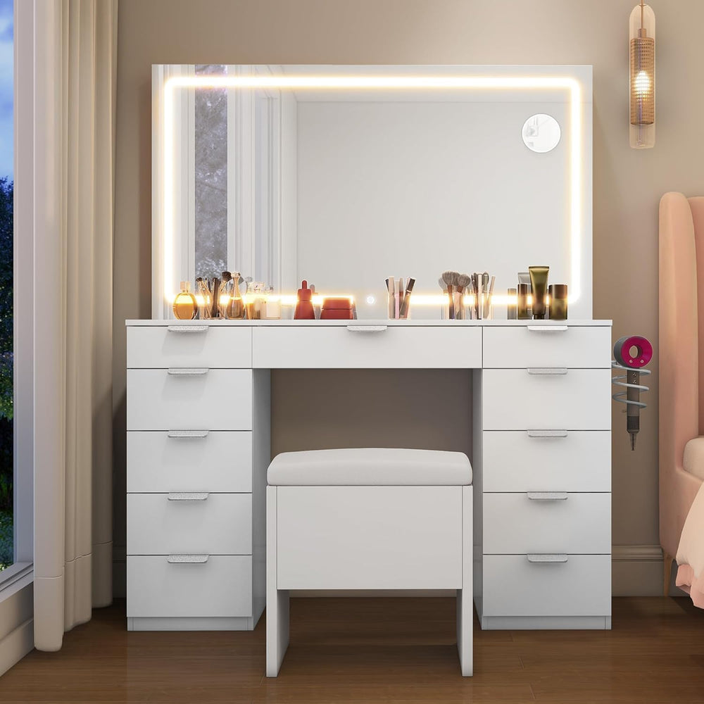 YITAHOME Grande Coiffeuse avec éclairage LED réglable et Prises électriques, Coiffeuse avec Miroir, Toit en Verre Transparent, 11 tiroirs et Tabouret, Blanc