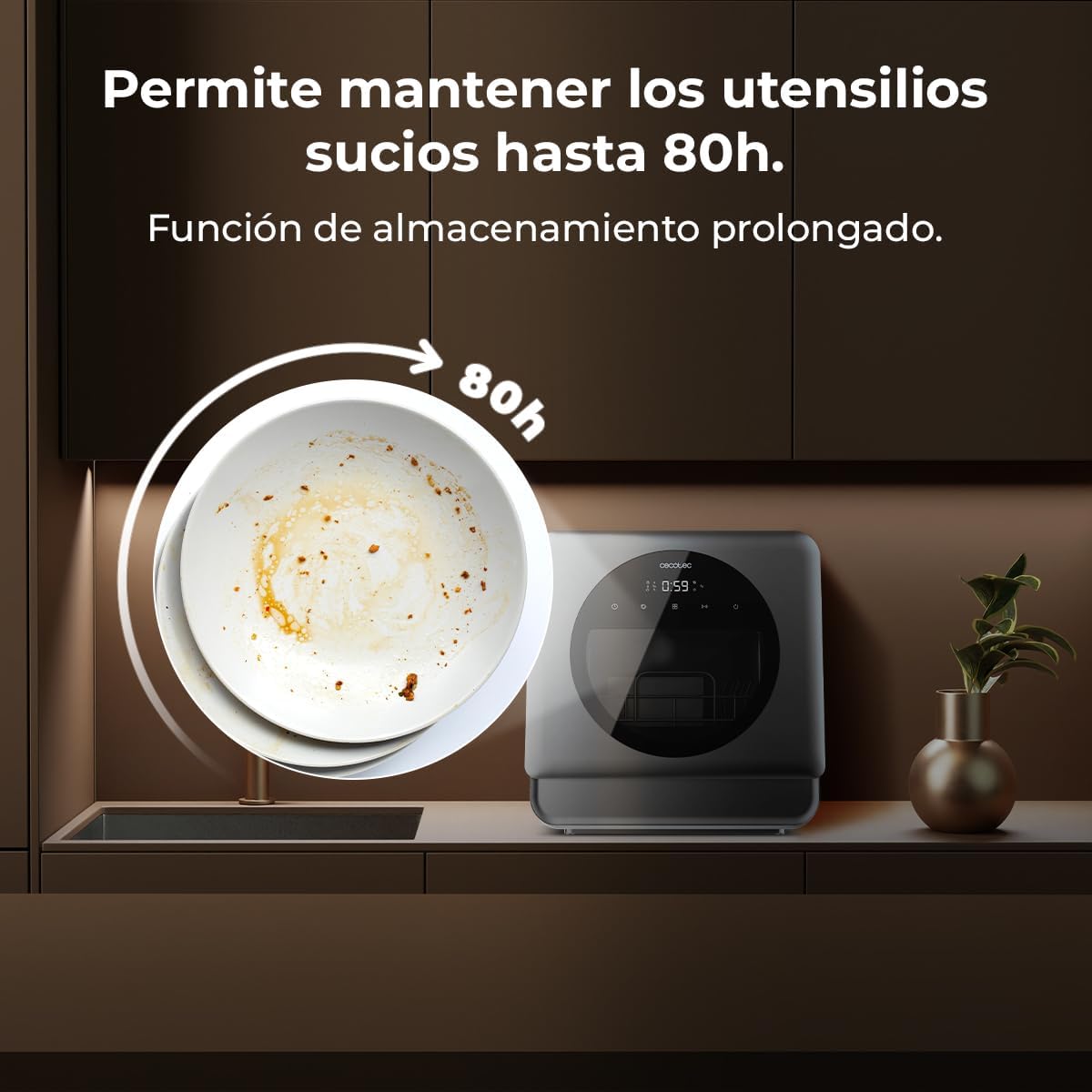 Cecotec Lave-vaisselle Compact Libre Installation sur Table Bolero Aguazero 1150 Dark. 3 Couverts, Basse Consommation, 6 Programmes, Touch Control Panel, Fonctions Long Storage et Delay Start
