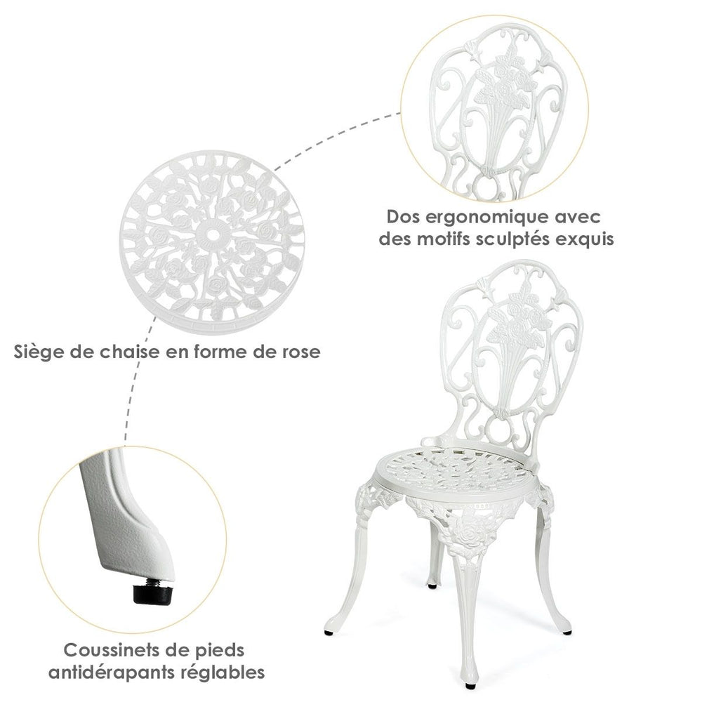 Ensemble Table et 2 Chaises pour Jardin en Aluminium en Forme de Rose Blanc Résistant aux Intempéries -