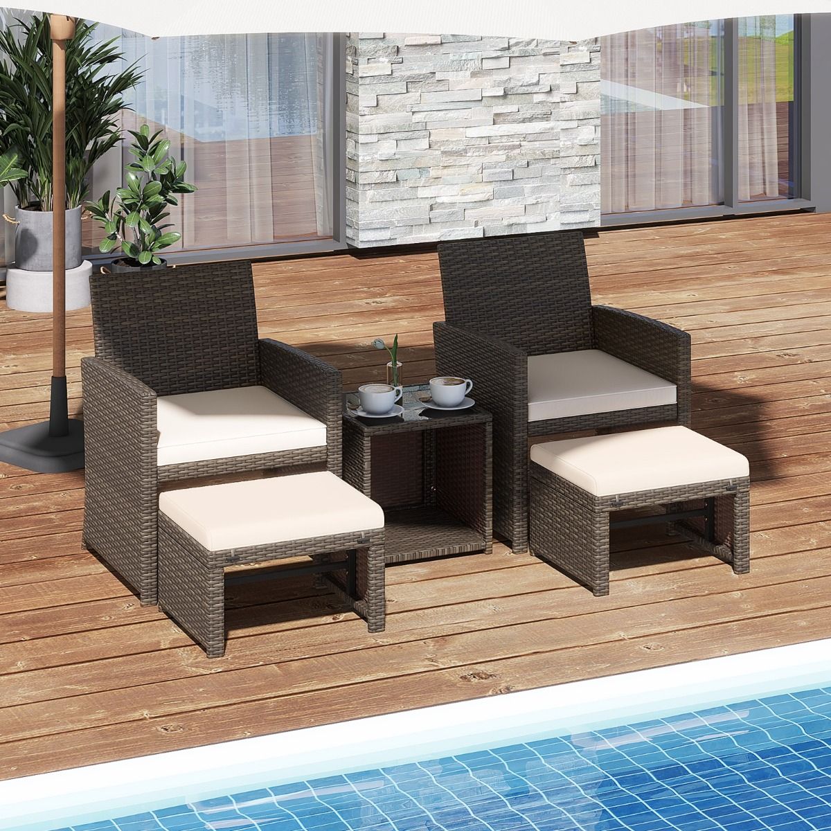 Ensemble Meuble de Salon 5PCS Salon de Jardin en Rotin PE avec Coussin pour Balcon Piscine Terrasse Gris/Blanc -