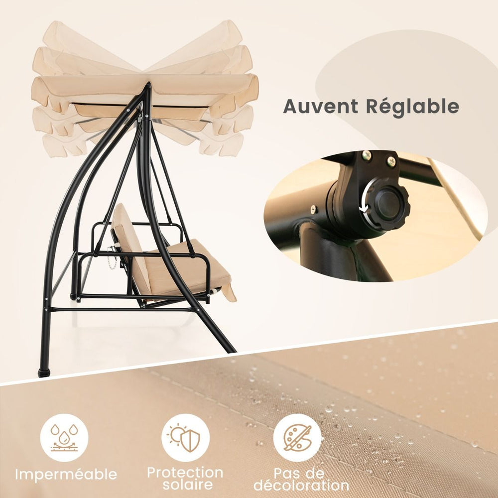 Balancelle d'Extrieur Convertible 2 Places avec Lit Plat Hamac de Terrasse avec Auvent Rglable et Coussin Amovible Pour Jardin -