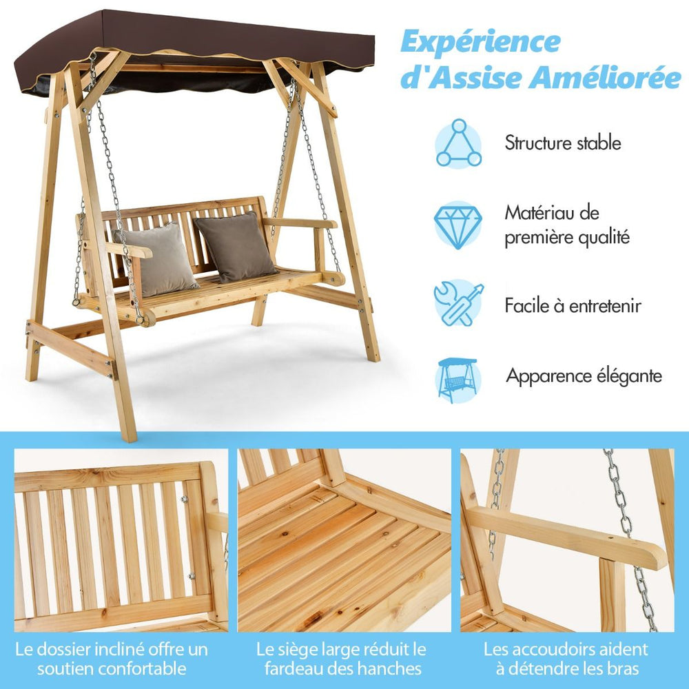 Balancelle de Jardin 2 Places en Bois avec Toit Inclinable Imperméable Chaîne Métallique Réglable Charge 240KG Cadre en A pour Jardin Véranda Cour -