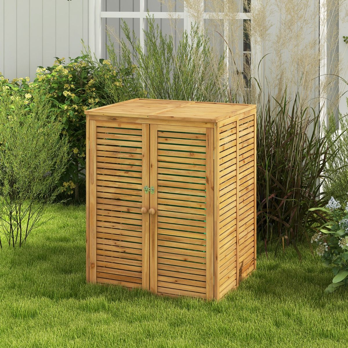 Abri  Poubelle en Bois de 120 L Abri pour Outils d'Extrieur avec Couvercle Ouvrable Doubles Portes Loquet de Verrouillage Naturel -
