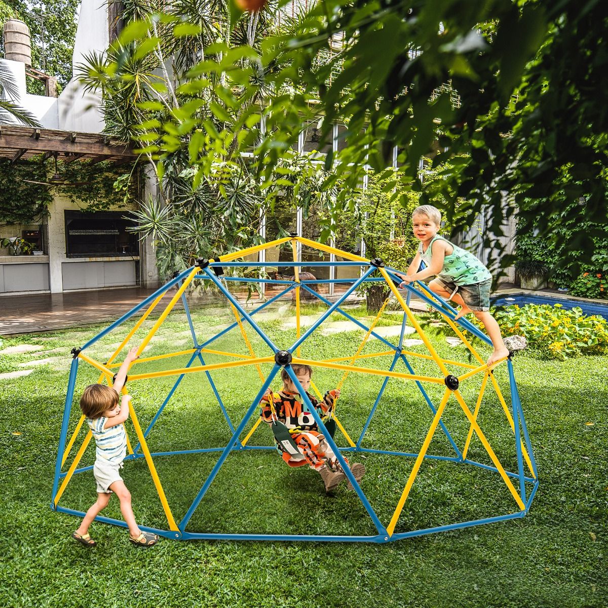 Dôme d'Escalade de 305cm avec Balançoire Cage d'Escalade en Métal Charge Max 363 kg Intérieur Extérieur pour Enfants de 3-10 Ans Jaune/Rouge -