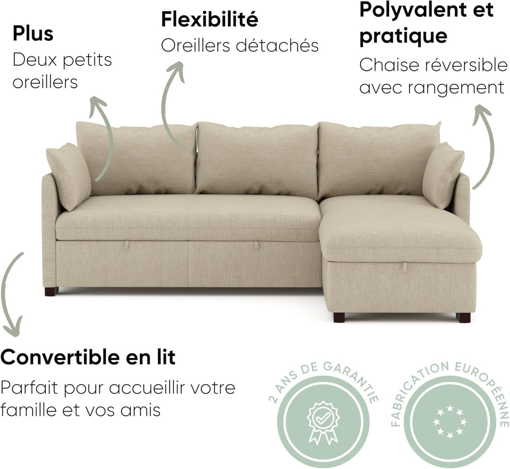 BUDWING Orlando Canapé Convertible d'angle Lit Chaise Longue Coffre Réversible Droite et Gauche Beige