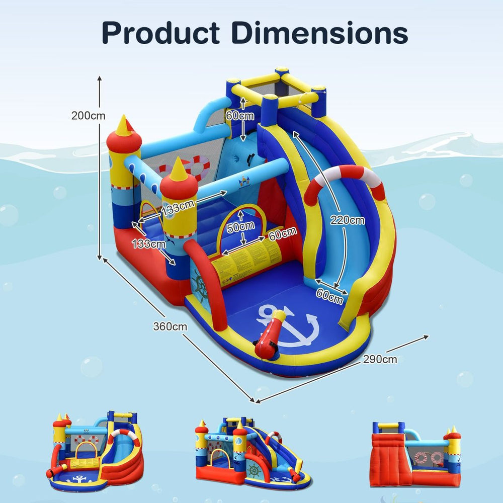 Château Gonflable Style Bateau avec Toboggan Incurvé Zone de Saut Mur d'Escalade avec Gonfleur 450 W -