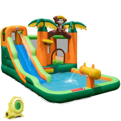 7 en 1 Ch芒teau Gonflable Tropical  Thme Singe & Palmier avec Toboggan Aquatique avec Piscine & 50 Boules Charge 90kg pour 2 Enfants de 3-10 Ans -
