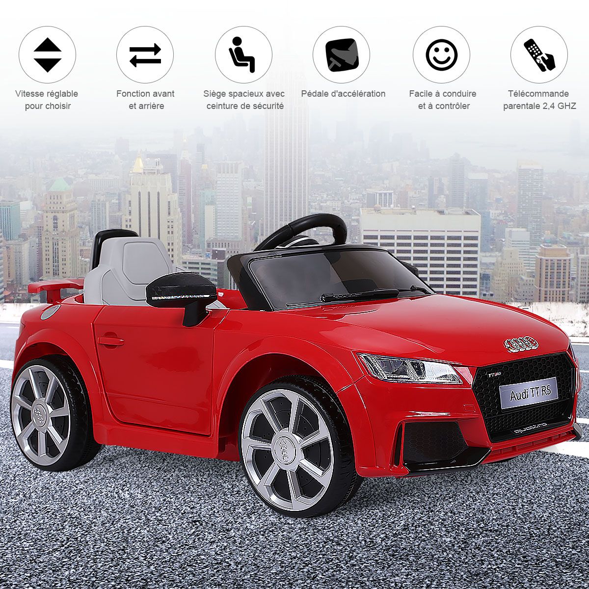 Voiture TTRS Electrique pour Enfants 12V Max. 5 Km/h Double Porte avec Tlcommande 2.4G Blanc/Rouge -