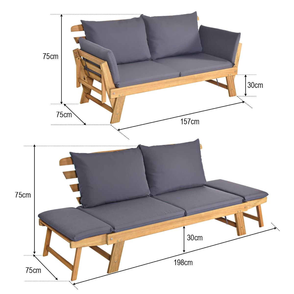 Chaise Longue Convertible avec Coussin Canapé de Jardin 2 en 1 en Bois d’Acacia avec Accoudoir Réglable pour Patio Piscine Jardin Blanc/Gris/Bleu/Rouge -