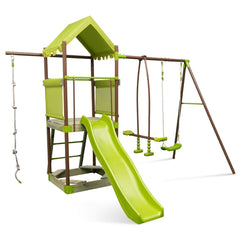 Balanoire 7-en-1 Aire de Jeu en Mtal avec Fort Couvert Rglable en Hauteur Corde d'Escalade Bac  Sable Glisseur Toboggan Ondul Vert -