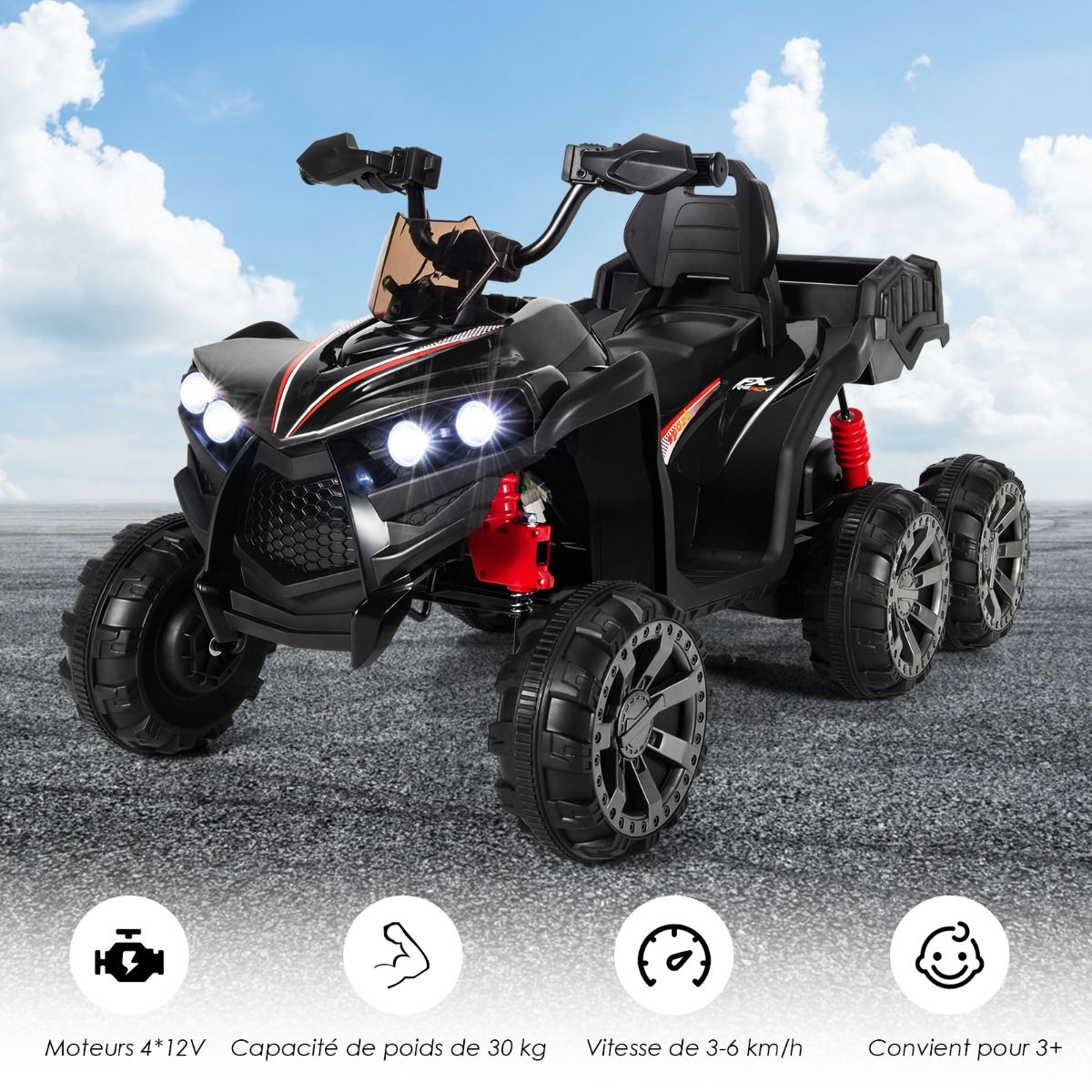 12V Quad Electrique Enfants avec Lumires LED et Musique Vhicule Electrique Enfants avec Dmarrage Lent Charge 30kg 129 x 69 x 72 cm Noir/Rouge -