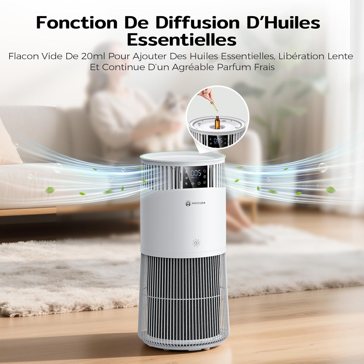 Amicura P2 Purificateur d'air Hepa pour Animaux et Personnes Allergiques, 843 m³/h CADR Contre les Poils d'animaux, Filtre Hospitalier H13 Hepa, 450 m³/h de Particules, Contrôle par App