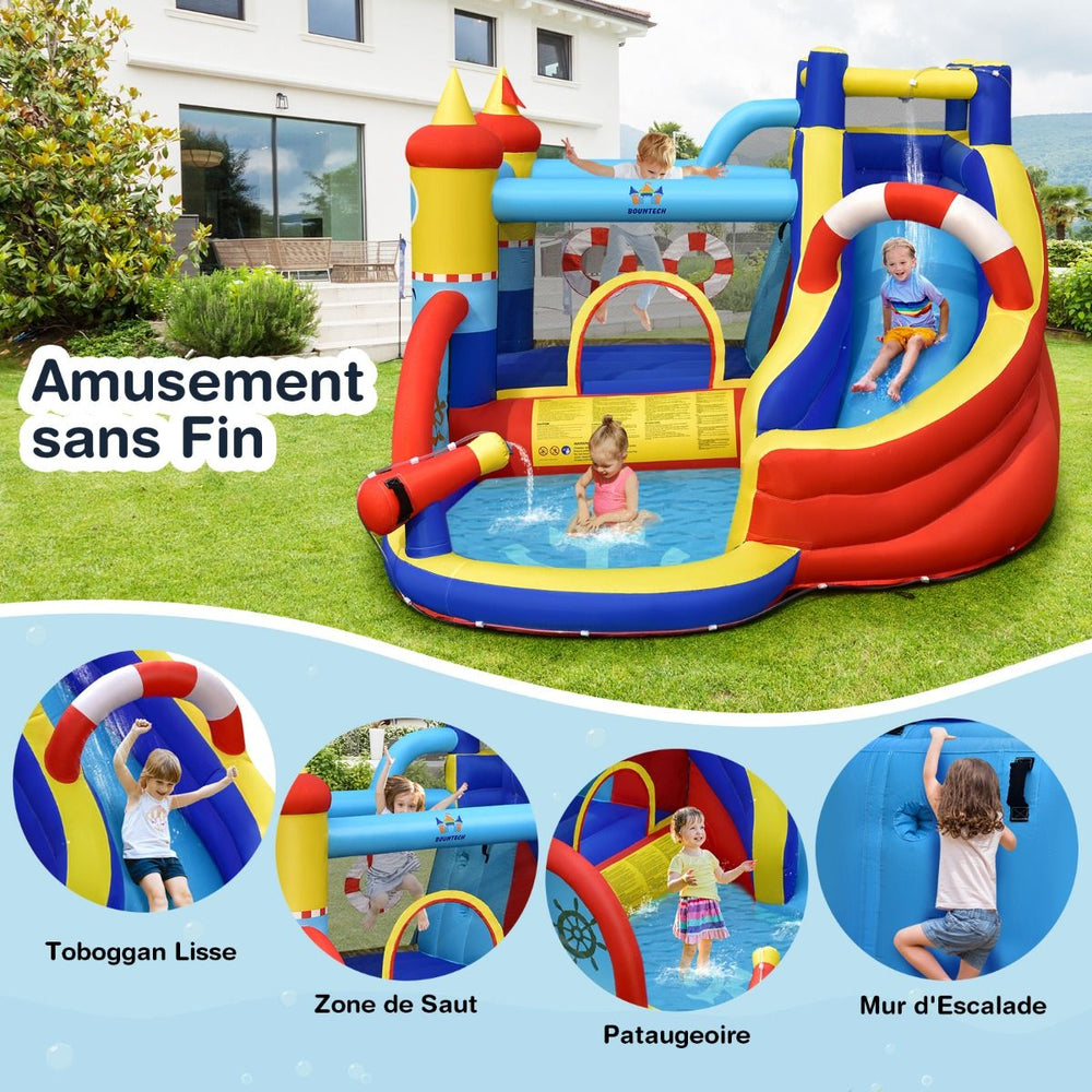 Ch芒teau Gonflable Style Bateau avec Toboggan Incurv Zone de Saut Mur d'Escalade Gonfleur non Inclus -
