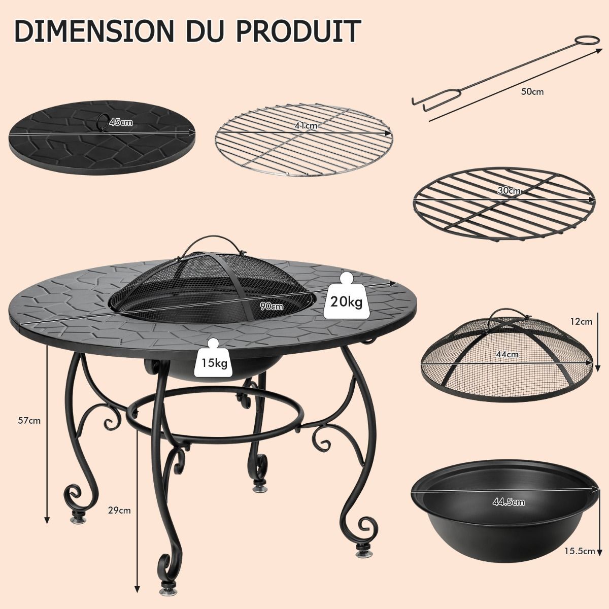 Brasero Extérieur pour Jardin 80 x 80 x 70 cm Foyer rond 4 en 1 avec Brasero Grille de Cuisson Grille en Bois -