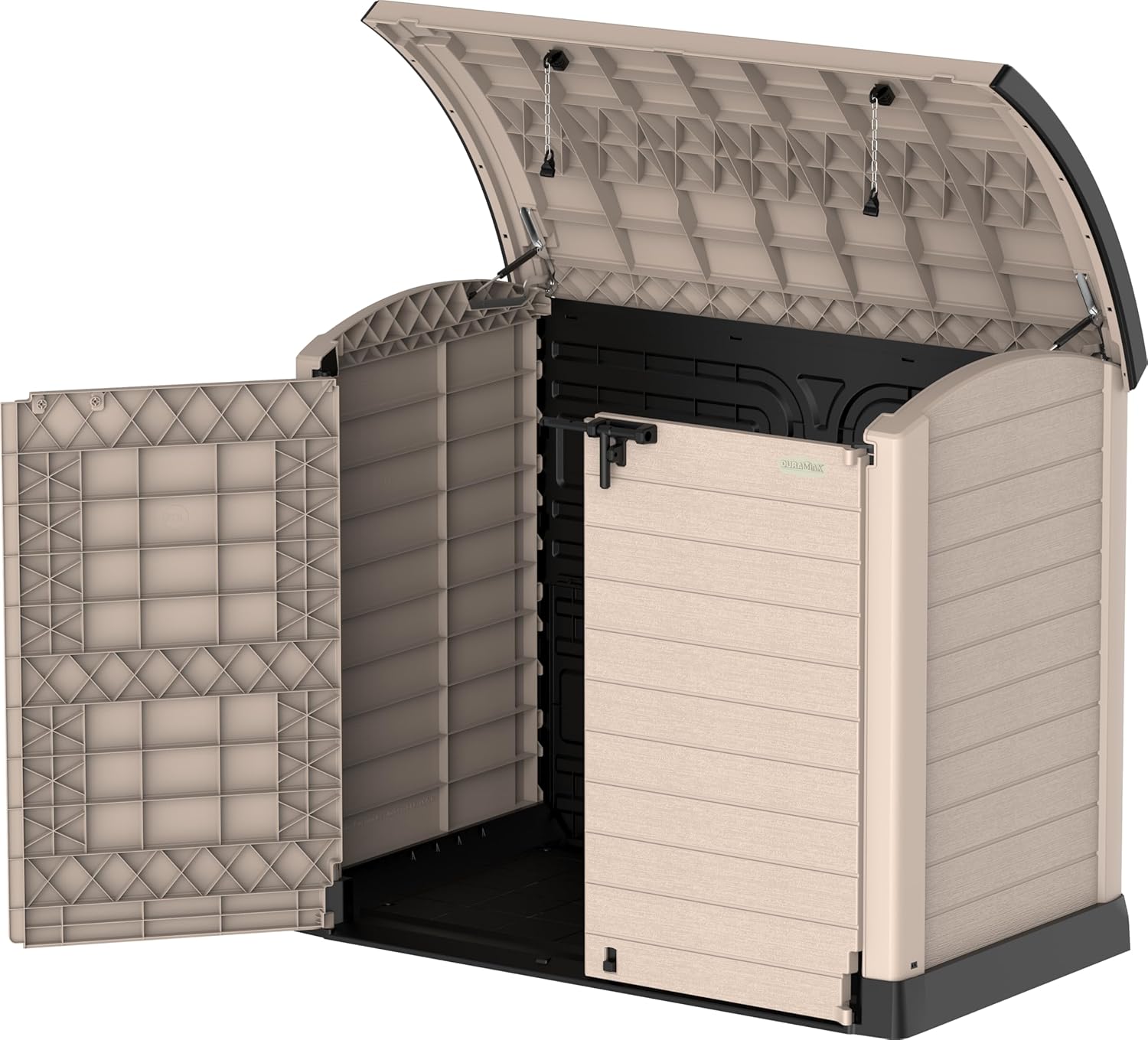 Duramax StoreAway 1200L Plastic Garden Shed/ Flat Lid,Outdoor Storage Shed,Wheelie Bin Hideaways,Wheelie bin box,Durable Construction,Ideal for Bikes,BBQs & 2x 240L Bins,145x85x125 cm,Brown