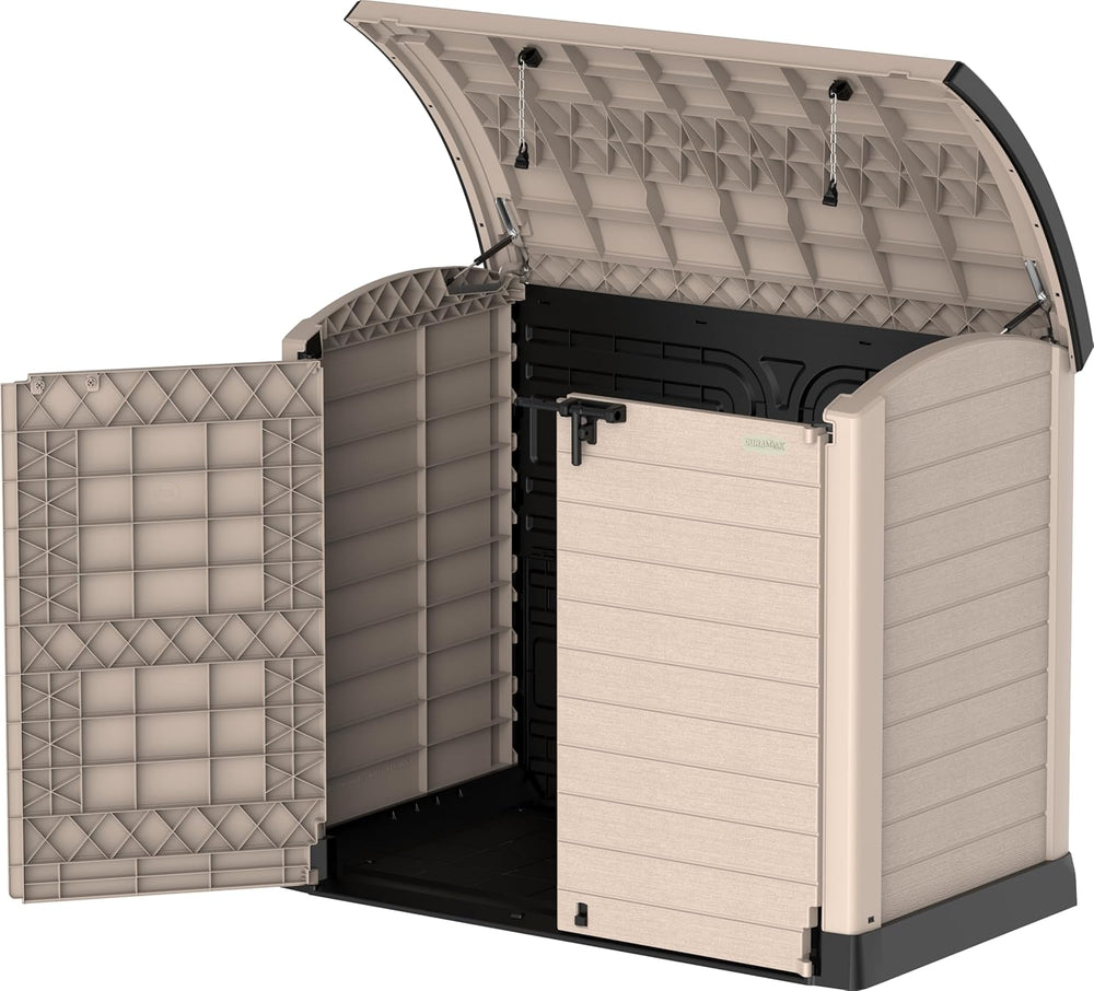 Duramax StoreAway 1200L Plastic Garden Shed/ Flat Lid,Outdoor Storage Shed,Wheelie Bin Hideaways,Wheelie bin box,Durable Construction,Ideal for Bikes,BBQs & 2x 240L Bins,145x85x125 cm,Brown