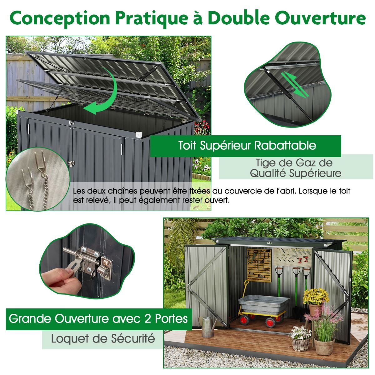 Abri de Stockage en Métal Galvanisé pour Poubelles Extérieur Abri de Jardin Verrouillable avec Toit Ouvert 2 Portes 172X95,5X130CM Gris -
