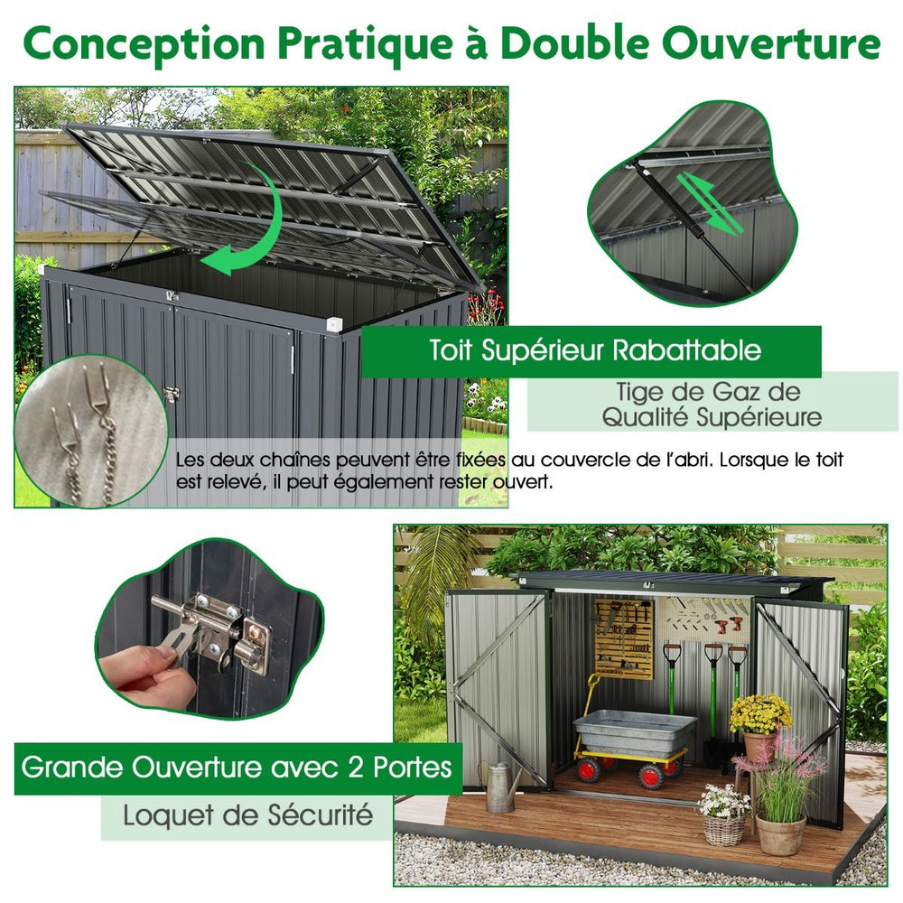 Abri de Stockage en Métal Galvanisé pour Poubelles Extérieur Abri de Jardin Verrouillable avec Toit Ouvert 2 Portes 172X95,5X130CM Gris -