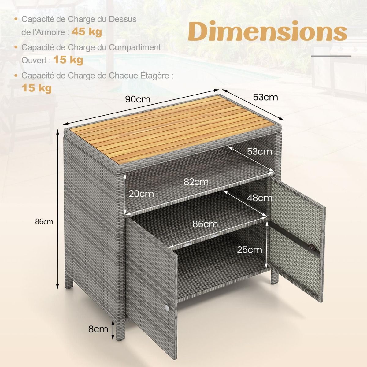 Armoire de Rangement Exterieur en Rotin Armoire de Jardin avec Plateau en Bois d'Acacia Compartiment Ouvert Buffet à 2 Portes -