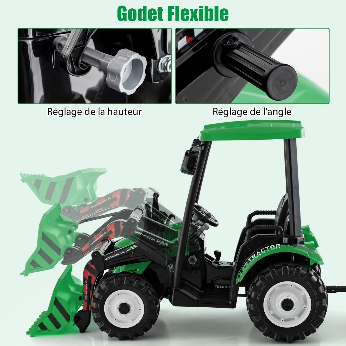 12V Tracteur lectrique Enfants avec Pelle&Remorque Amovible Vhicule lectrique  6 Roues avec Tlcommande & Musique 3-6 km/h pour 3-8 Ans Jaune/Vert -