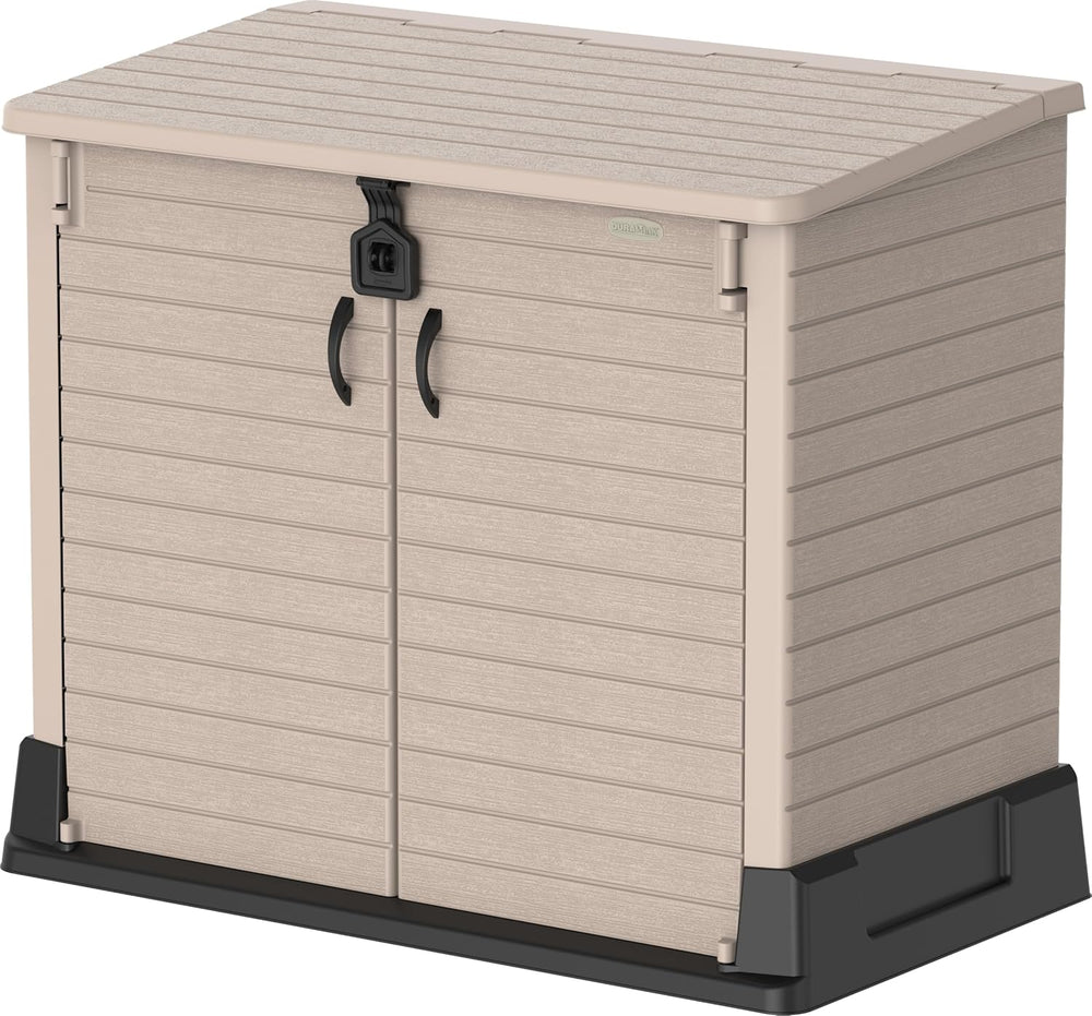 Duramax StoreAway 1200L Plastic Garden Shed/ Flat Lid,Outdoor Storage Shed,Wheelie Bin Hideaways,Wheelie bin box,Durable Construction,Ideal for Bikes,BBQs & 2x 240L Bins,145x85x125 cm,Brown
