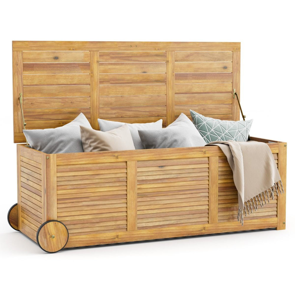 Coffre de Rangement 182L en Bois d’Acacia Charnière en Métal Banc de Rangement à Roulettes Extérieur pour Jardin Patio -