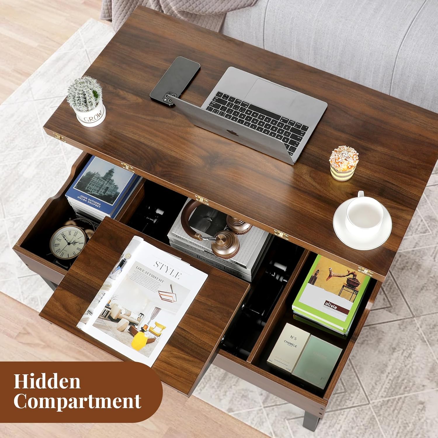 VOWNER Table Basse Relevable, Table de Salon Multifonctionnelle 3 en 1 avec Rangement Caché, Table Basse Convertible Manger de Salon, Couleur Noyer