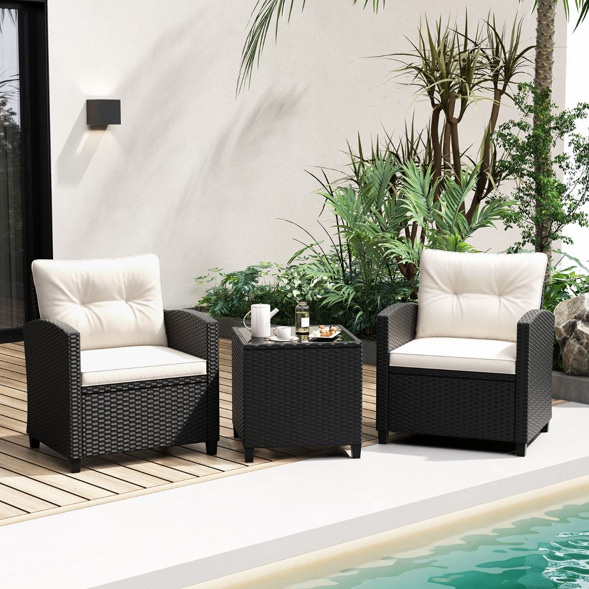 Ensemble de Meubles 3 Pices de Patio en Rotin Charge 180KG Salon de Jardin 2 Fauteuils Table Basse avec Plateau Noir/Beige/Blanc -