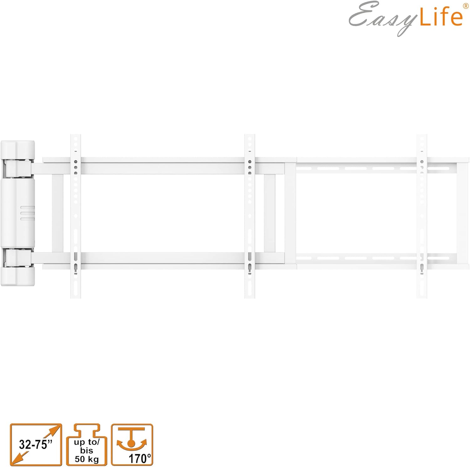 EasyLife Support TV Mural pivotant électriquement jusqu'à 170°, Support Mural VESA jusqu'à 600x400 pour LCD/OLED, téléviseur, Moniteur, écran, Smartboard de 32-75 Pouces & 50kg Max (Blanc)