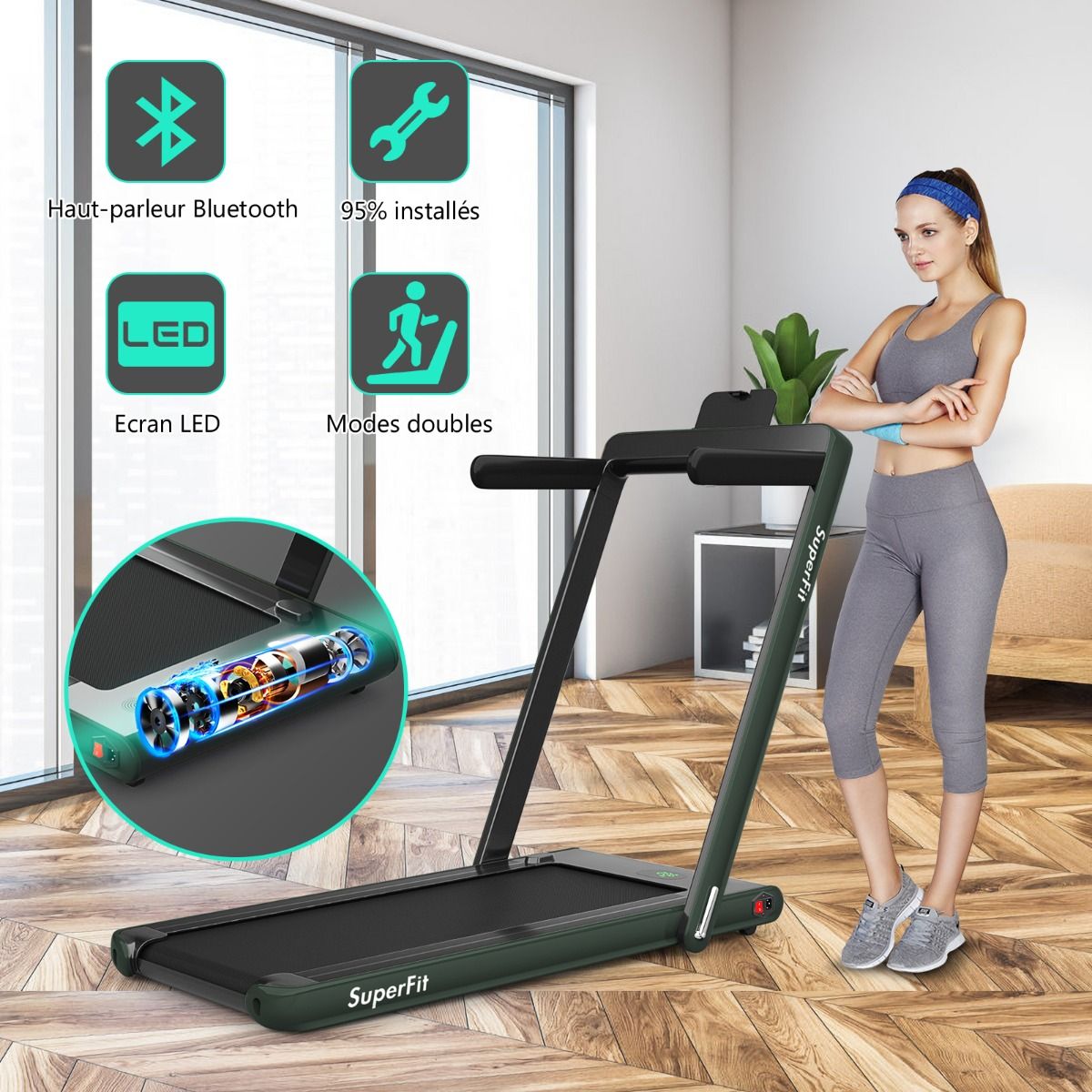 2 en 1 Tapis de Course Electrique Pliable 1  12 Km/H avec Haut-parleur Bluetooth Tlcommande Moteur 0,75HP Vert/Blanc/Noir/Rouge/Or/Noir et Argent/Bleu -