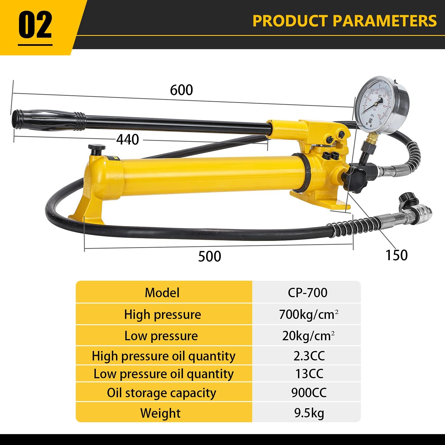 CGOLDENWALL CP-700 Pompe Hydraulique Manuelle avec Tuyau de 1 8m Haute Pression 700kg/cm² Contenu en Huile 900cc pour Utilisation avec Variété d'Outils Hydrauliques