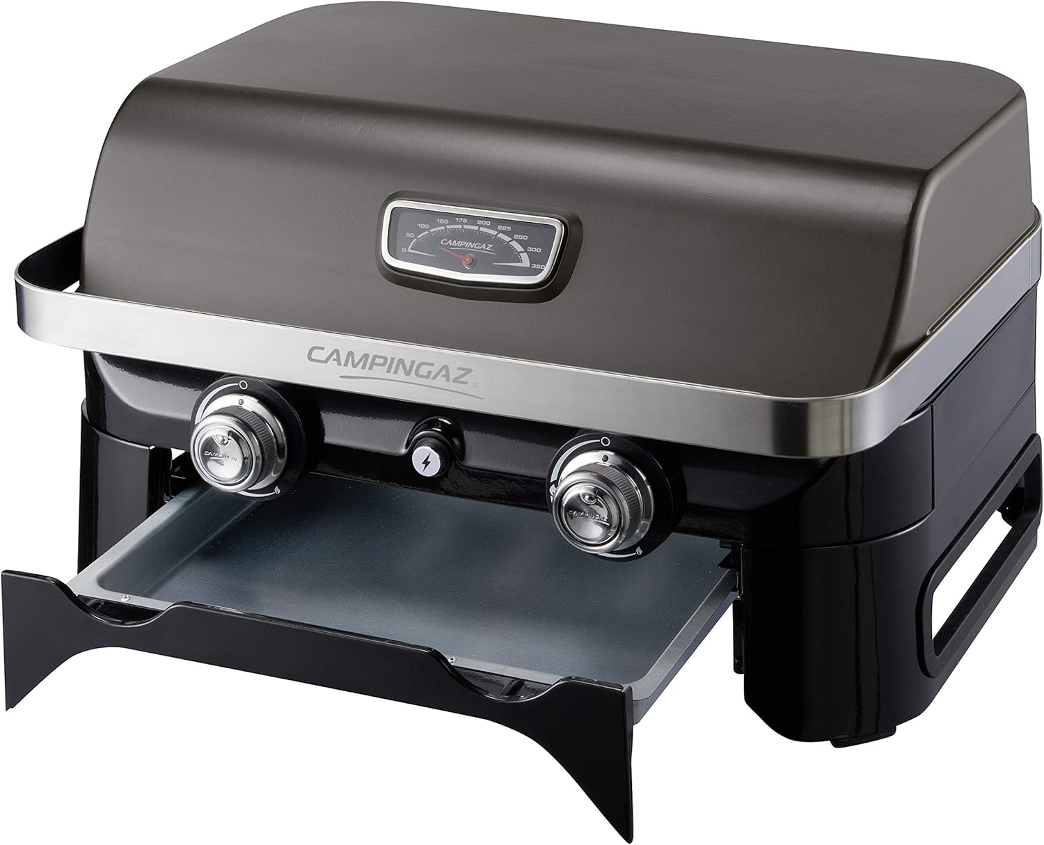 Attitude2go,Barbecue de Table à Faible fumée,BBQ Portable,à Couvercle,thermomètre,et Grille en Fonte,Alimentation : Cartouche de gaz CV 470 Plus,Gris