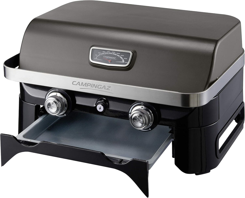 Attitude2go,Barbecue de Table à Faible fumée,BBQ Portable,à Couvercle,thermomètre,et Grille en Fonte,Alimentation : Cartouche de gaz CV 470 Plus,Gris
